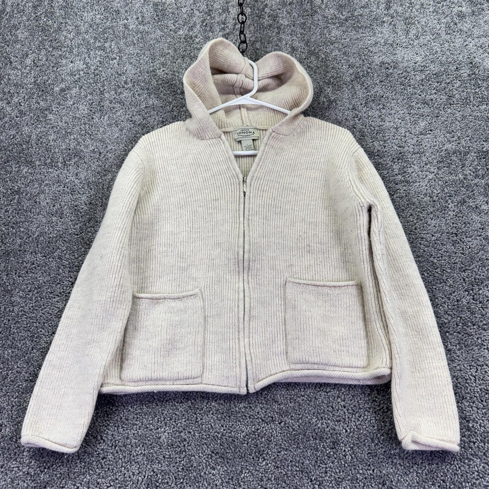 Genuine Sonoma Jean Company Sweater Womens L Beige Wool Hooded Full Zip Knit